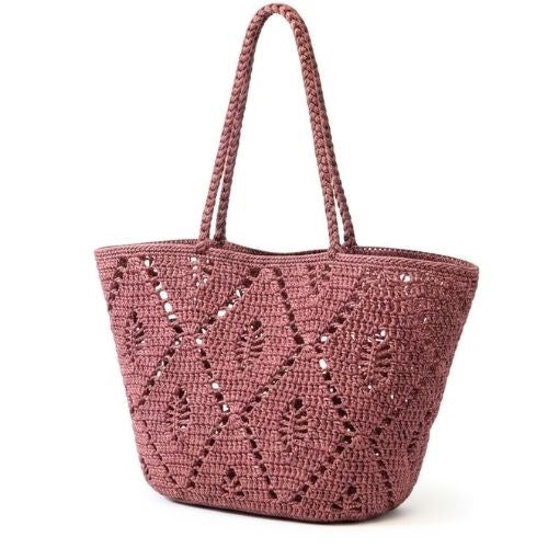 Josephine rosewood pink crochet tote bag with long shoulder handles and openwork diamond pattern