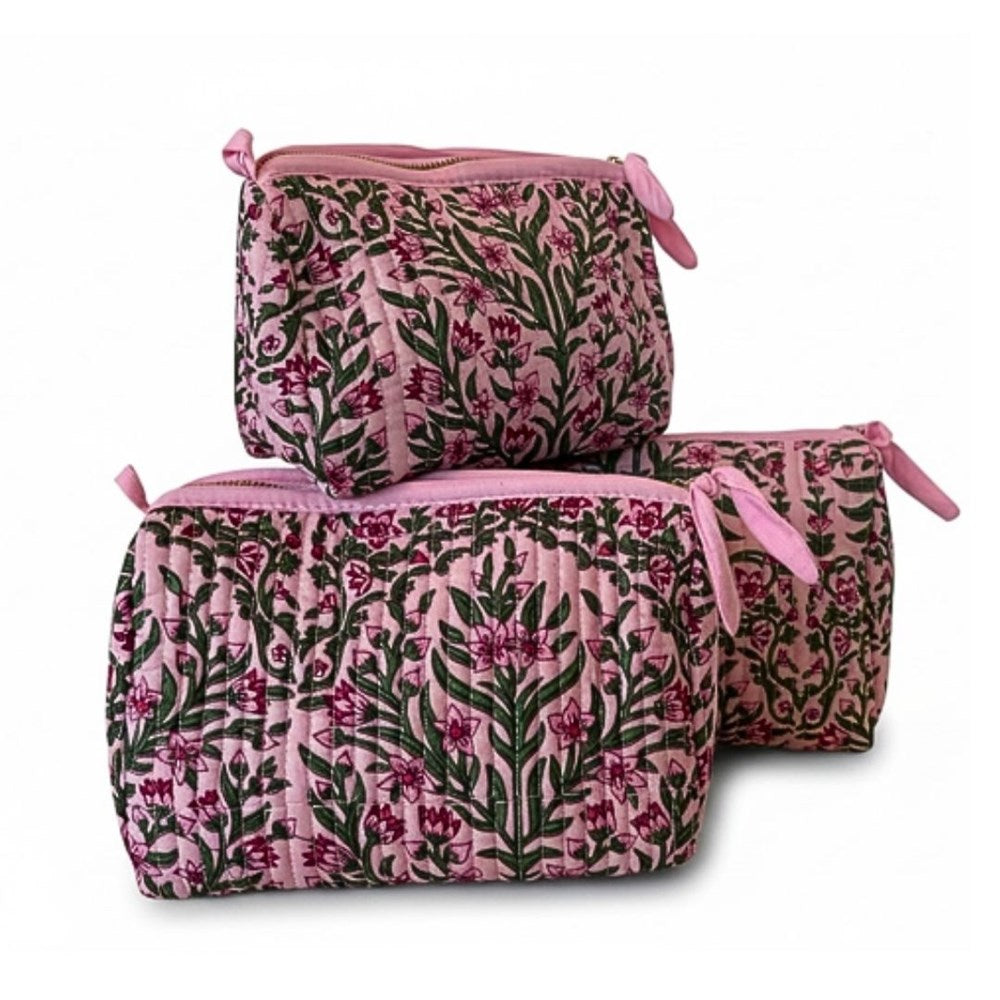 VOYAGE Rosie set of 3 toiletry and makeup bags in pink and green floral block-print quilted cotton