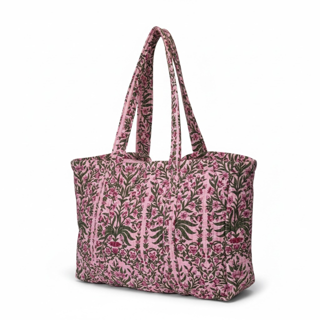VOYAGE Rosie large tote bag in pink and green floral block-print quilted cotton