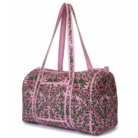 VOYAGE Rosie weekender bag in pink and green floral block-print quilted cotton