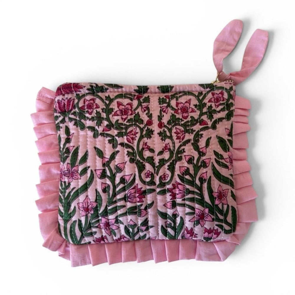 VOYAGE Rosie mini ruffle pouch in pink and green floral block-print quilted cotton with knotted zip pull
