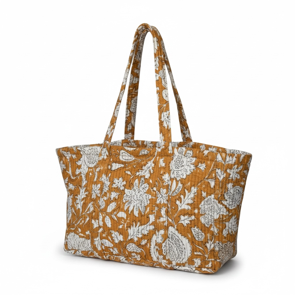 VOYAGE Sasha large tote bag in mustard floral block-print quilted cotton