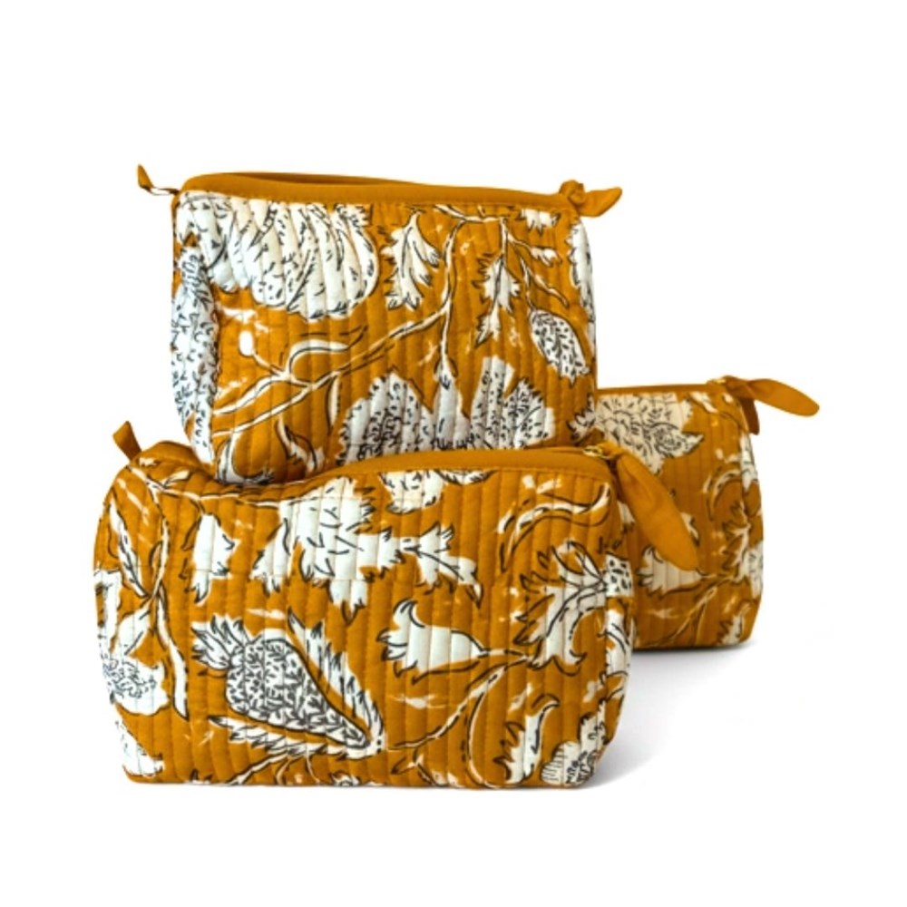 VOYAGE Sasha set of 3 toiletry and makeup bags in mustard floral block-print quilted cotton