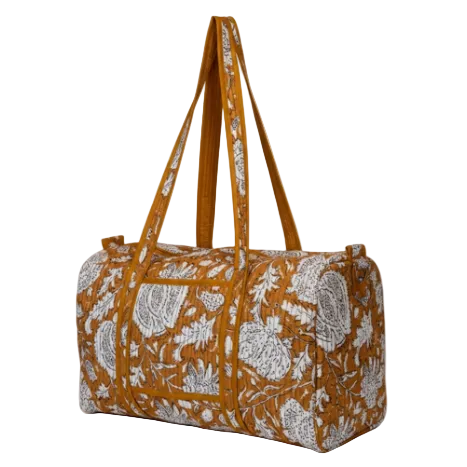 VOYAGE Sasha weekender bag in mustard floral block-print quilted cotton