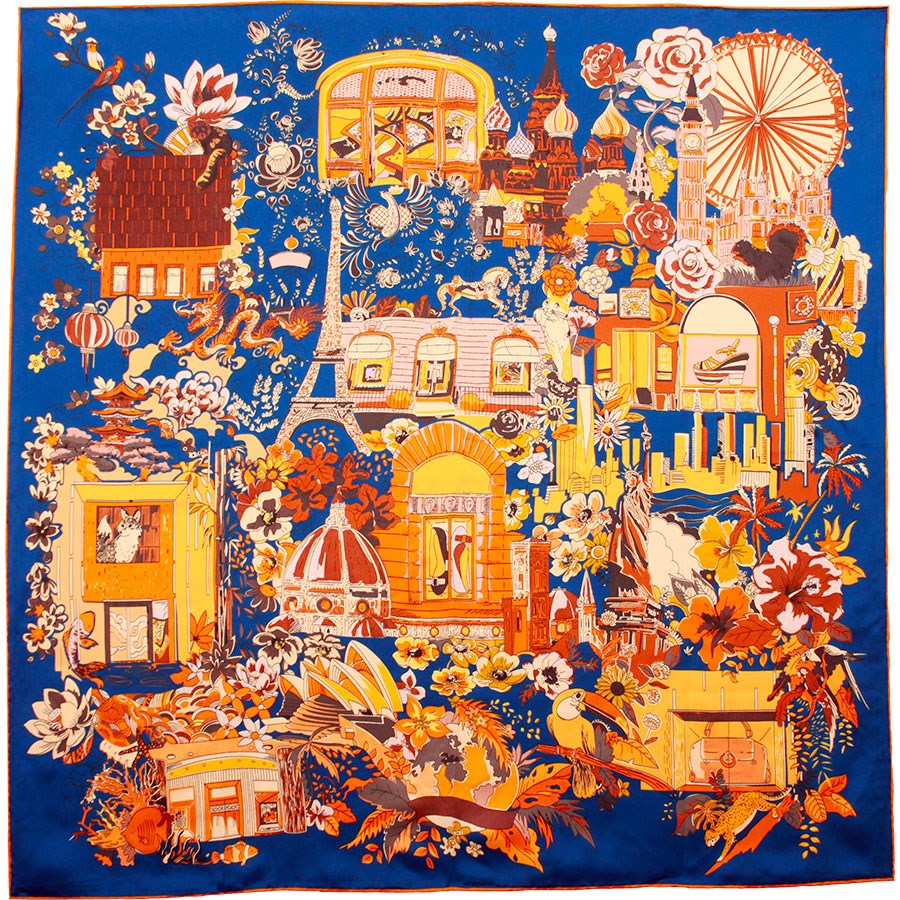 Silk Scarf -Escapade Romantique Bleu Fonce - 50X50 CM