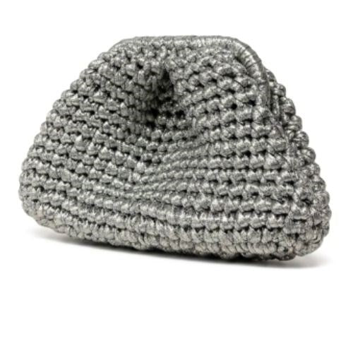 Capri silver metallic crochet clutch bag with soft pouch shape