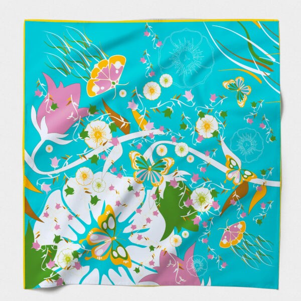 Maison Fanli silk scarf 50x50 cm Songe Blue with floral and butterfly print