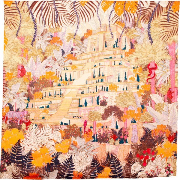 MAISON FANLI Tropical Temple Multicolour cotton and silk scarf 140x140cm with colourful tropical print