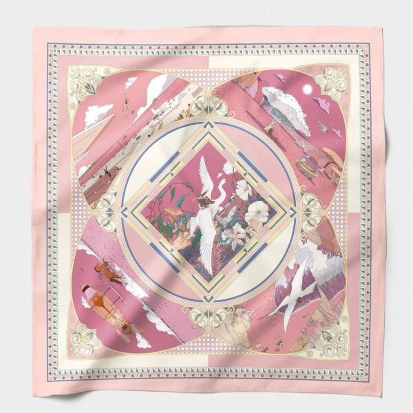 MAISON FANLI Silk Scarf 50x50cm Swan pink print