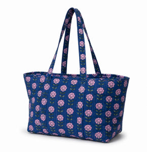 VOYAGE Tali large tote bag in navy and pink floral block-print quilted cotton