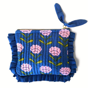 VOYAGE Tali mini ruffle pouch in navy and pink floral block-print quilted cotton with knotted zip pull
