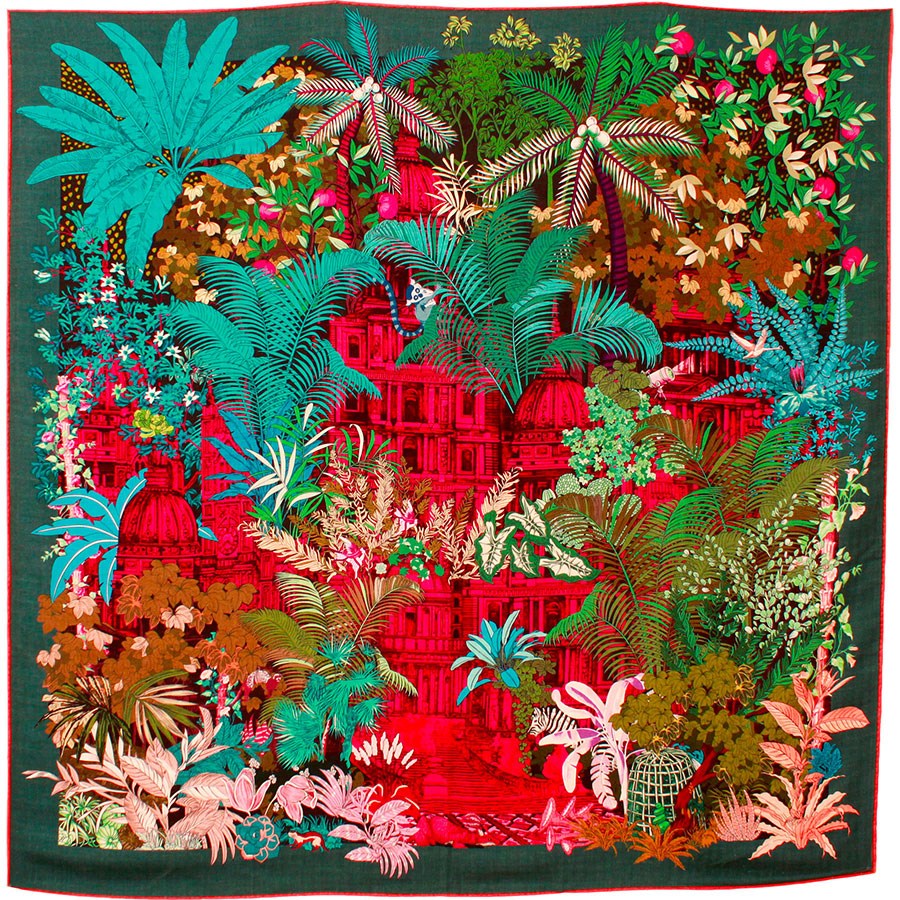 MAISON FANLI Wool & Silk Scarf  110x110cm - Forgotten Temple Green