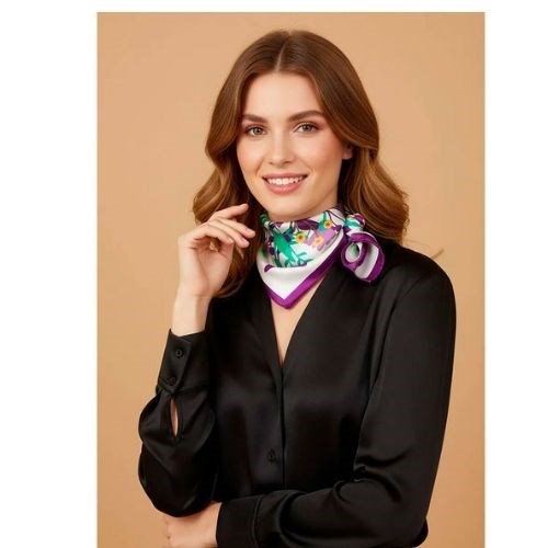 MAISON FANLI Silk Scarf 50x50cm  - Purple Flowers
