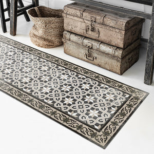 BEIJA FLOR Vinyl Rug- Gothic Ancient Cement in front of a console