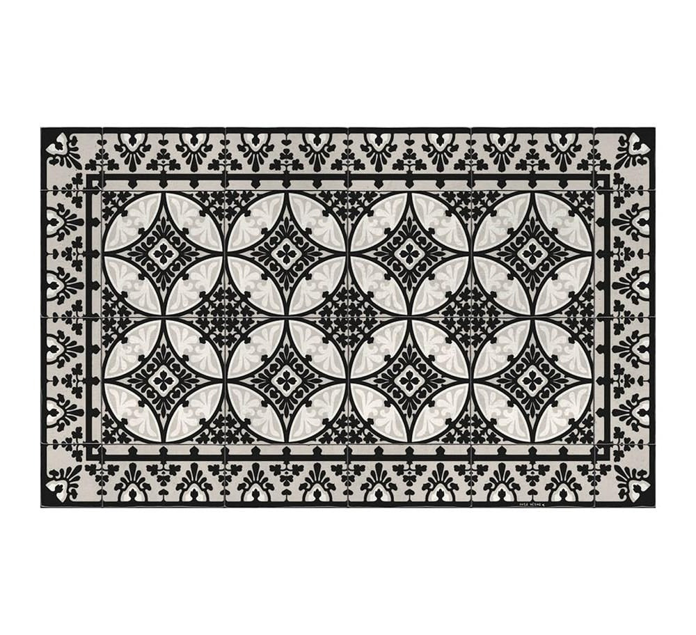 Renaissance Cushion Vinyl Flooring Vintage Tile Vivre 90 - Traditional Black, Grey & White Portuguese Eclectic Patchwork Tiled Floor